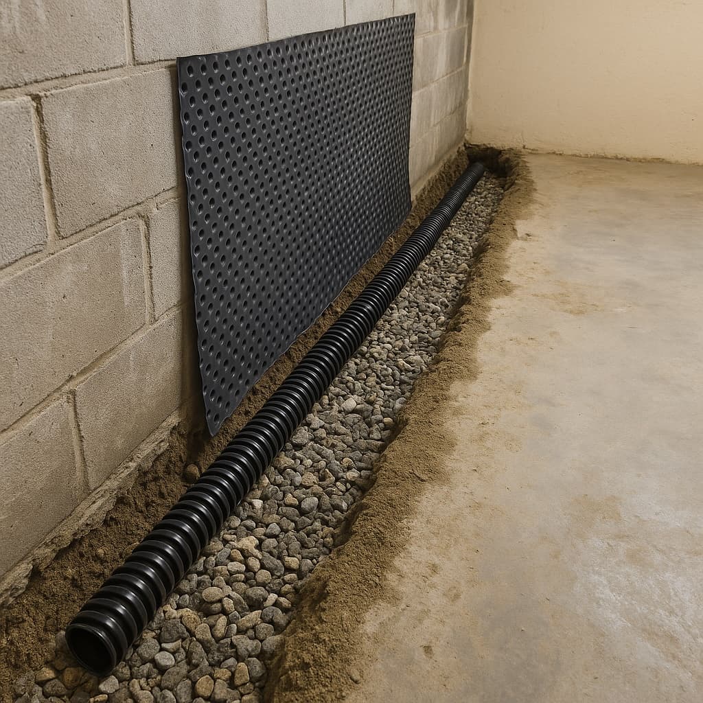 Basement floor waterproofing and drain tile installation