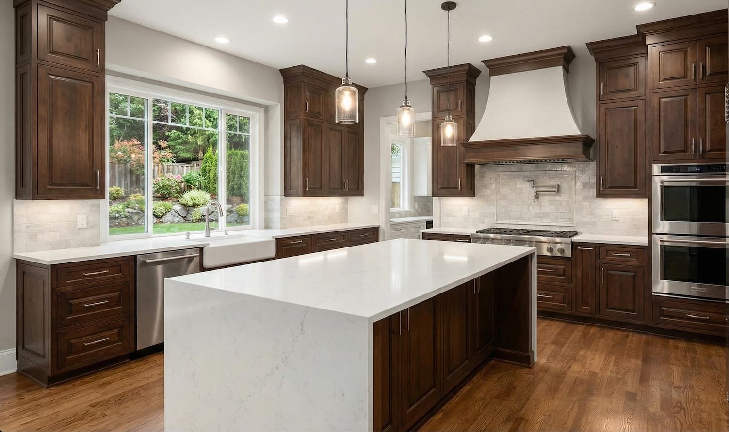 Beautiful kitchen showcase with dark wood cabinetry and modern appliances